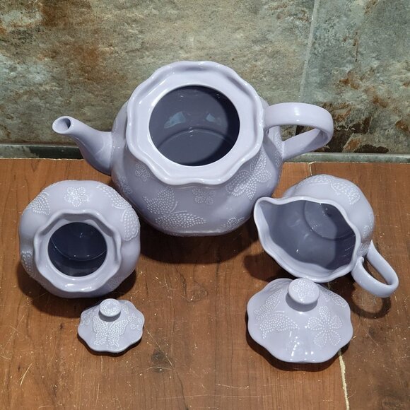Temptations Lavendar Lilac Tea Set Teapot Sugar Bowl Creamer Embossed Butterfly - Picture 5 of 15